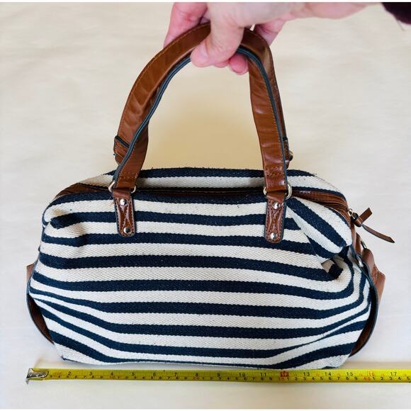b. bag Cream and Navy Blue Striped Bag Tote Purse - Picture 9 of 11